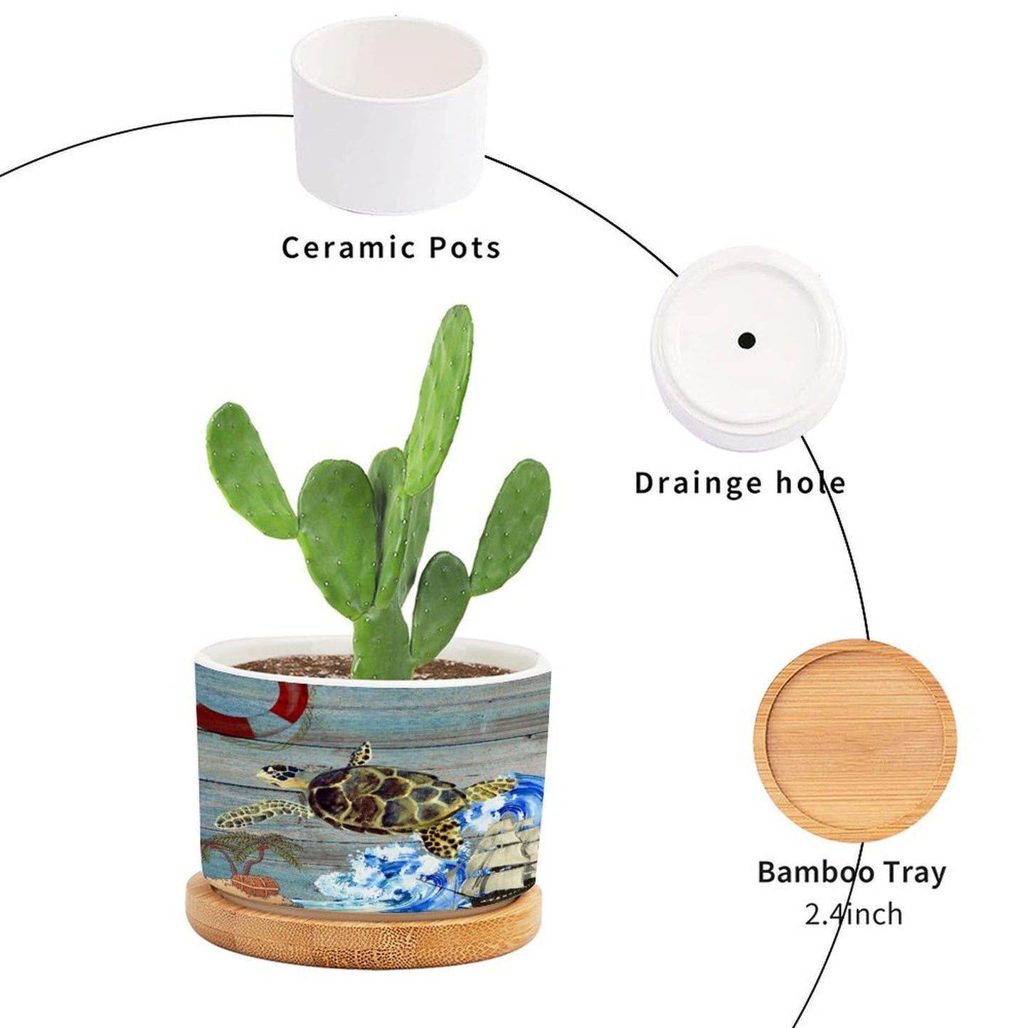 DreamAutumn Planters Ceramic Ocean Theme Sea Turtle Ceramic Pots with Drainage Holes Round Flowerpot Bamboo Tray Plant Pots for Succuelnt and Little Snake Plants Pots for Nana Mommy Grandma