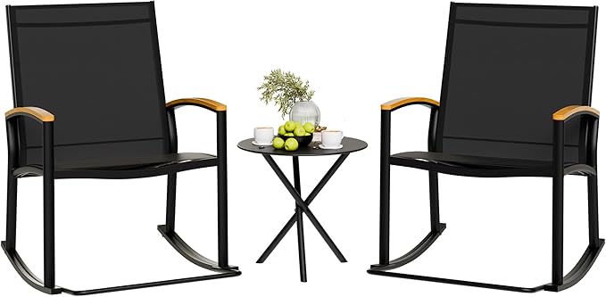 Shintenchi 3 Piece Outdoor Rocking Bistro Set, Textilene Fabric Small Patio