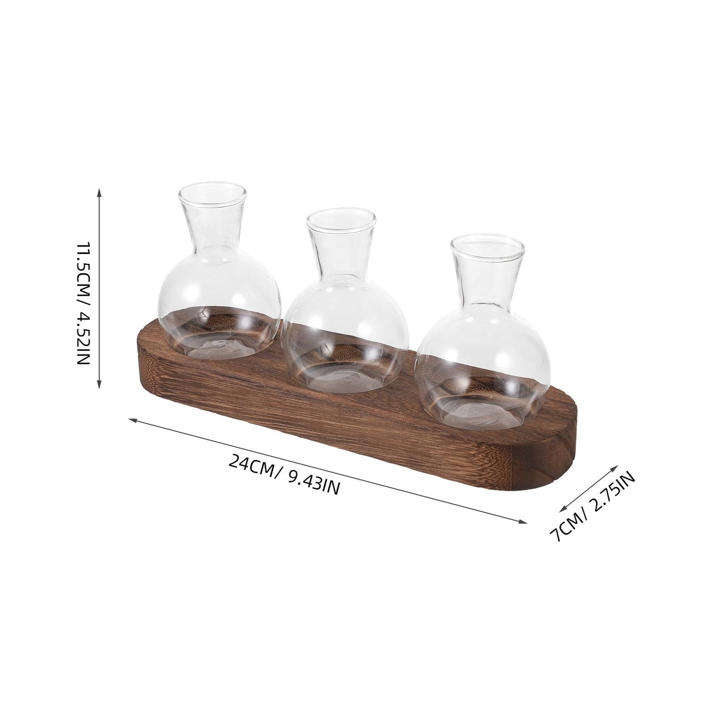 LALAFINA Glass Hyacinth Vase with Wooden Base, Hydroponic Table Glass Flower Container for Office and Living Room Decoration, 3pcs Set Terrarium for Indoor Plants