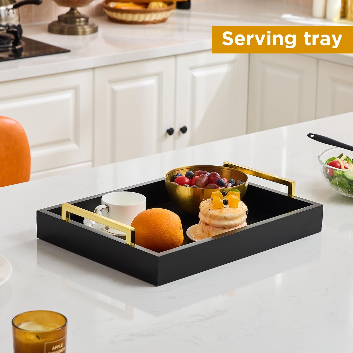 16"x12" Serving Trays with Handles, Black Decorative Serving Tray, Ottoman Trays for, Living Room, Bathroom, and Outdoors Decorative Trays (Black)