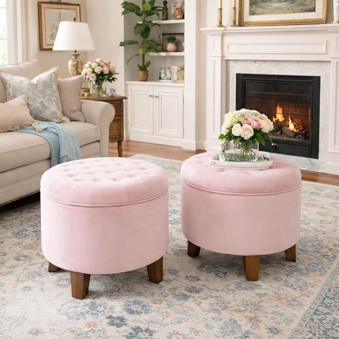 Homepop Home Decor | Upholstered Round Velvet Tufted Foot Rest Ottoman | Ottoman