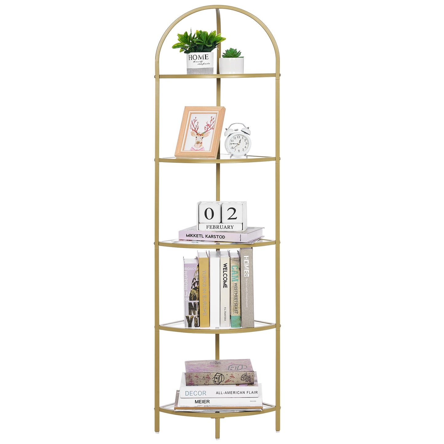 Homhedy 5-Tier Corner Shelf Stand, Metal Corner Bookshelf, Tempered Glass Shelves, Bathroom Storage Rack Shelf, Plant Stand, Modern Style, Golden