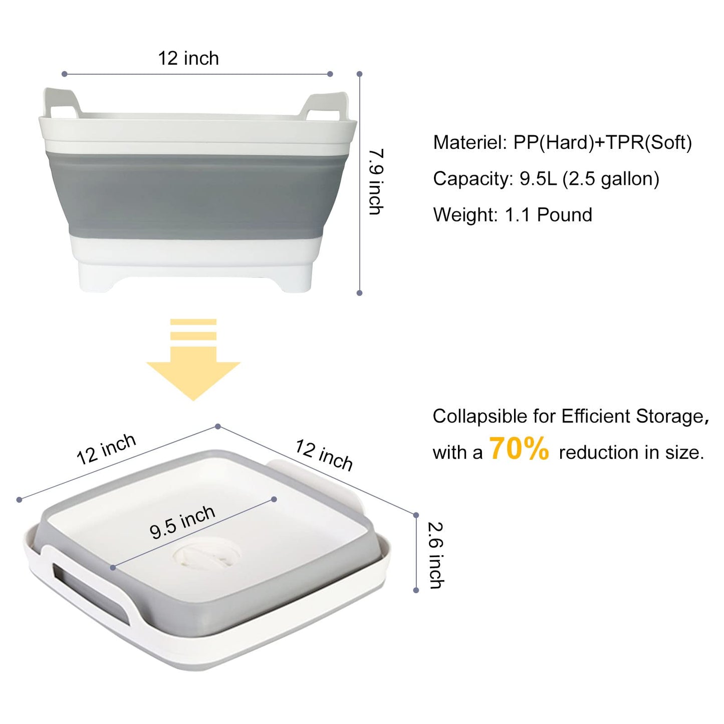 Collapsible Dish Basin & Sink Tub with Drain Plug – 2.4 Gal Baby Bottle Wash Basin, Bottle Washing Bin for RV, Camping, Kitchen | Collapsible Water & Bottle Basin (Grey)