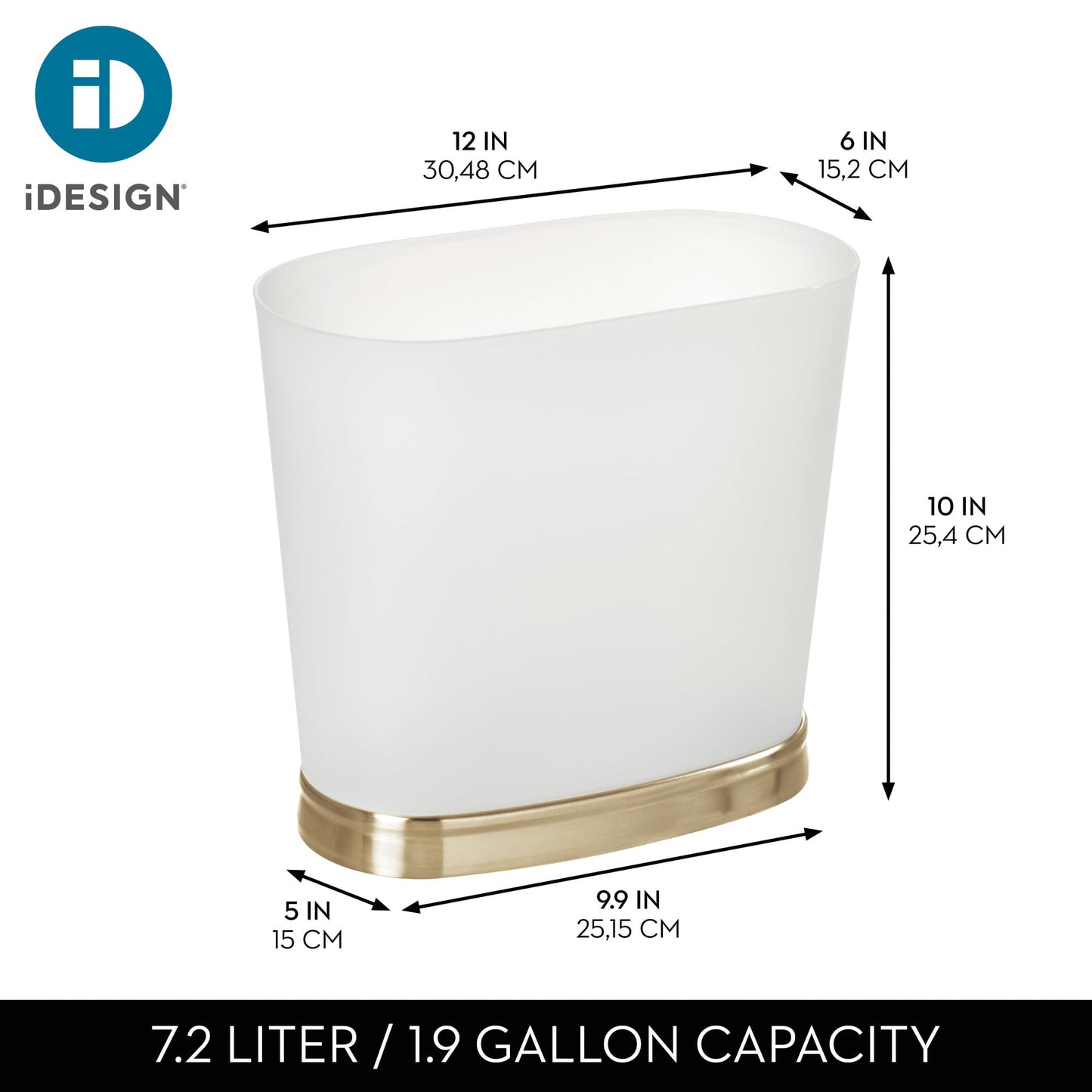 iDesign Slim Bathroom Trash Can, Small Plastic Garbage Can for Bedroom, Office, Desk, or Dorm, Frost/Soft Brass