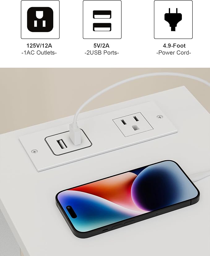TUTOTAK Small End Table with Charging Station, Narrow Side Table with USB Ports
