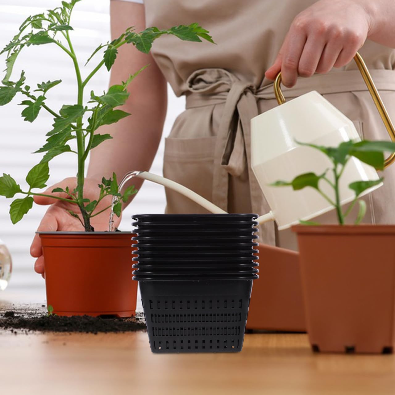 UPKOCH 10 Pack Square Net Pots for Hydroponics, Thick Plastic Orchid Pots with Holes, Black Mesh Slotted Cups for Pond Plant Drainage