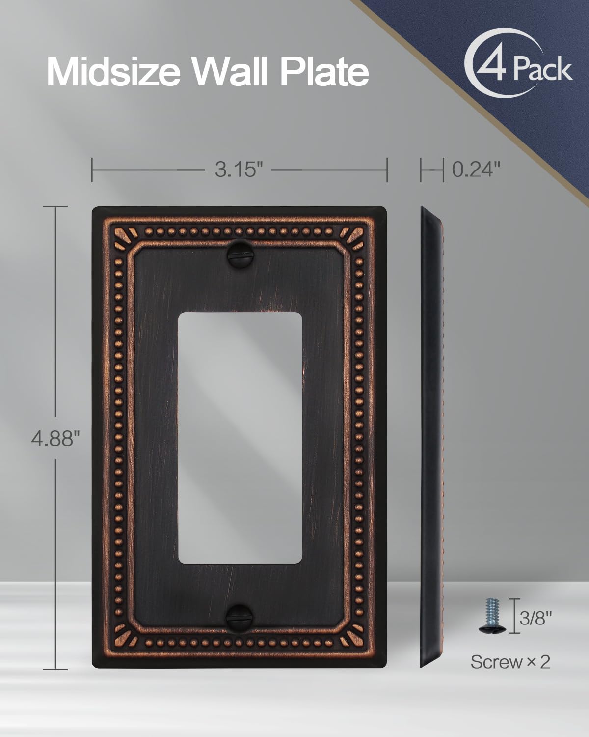 ZILLSEA Metal Wall Plates, Switch Plates and Outlet Covers, Decorative Pearl Design (1 Decorator 4PK, Aged Bronze, Midsize)