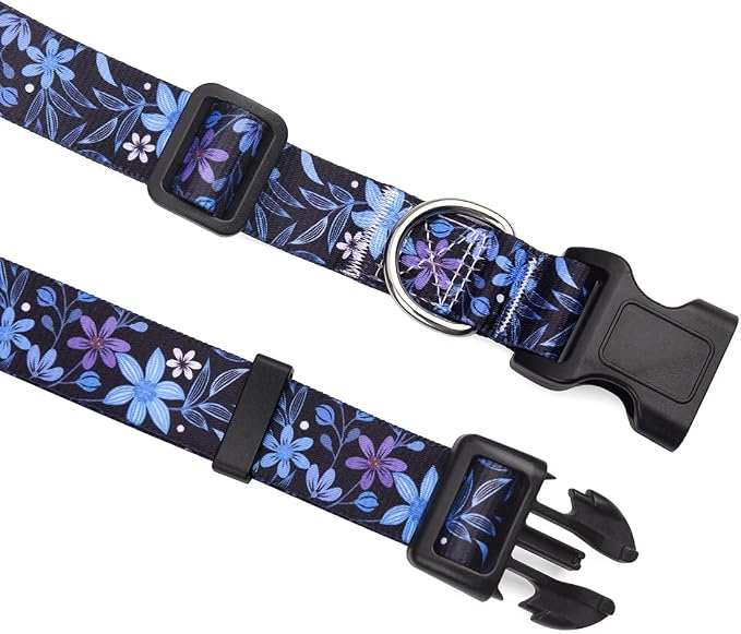 Mihqy Dog Collar and Leash Set with Bohemia Floral Tribal Geometric Patterns - Soft Ethnic Style Collar Adjustable for Small Medium Large Dogs(Blue Floral Set,XS)