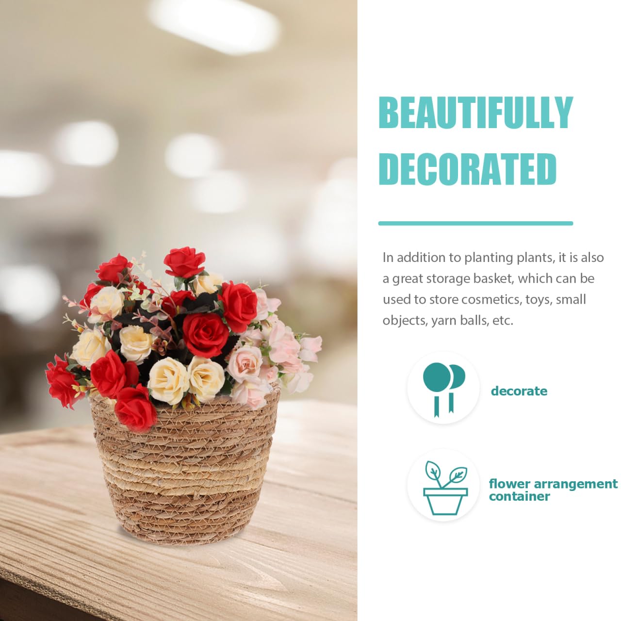 Zerodeko Hand Woven Plant Basket Natural Seagrass Planter Pot 7.08X7.08X5.90In Compact Indoor Decorative Container for Flower Arrangement Home Gardening Storage