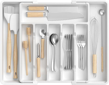 RoomHacks Large Silverware Organizer,Expandable Utensil Drawer Organizer,BPA Free Utensil Holder,Adjustable Silverware Tray Cutlery Drawer Organizer for Kitchen Flatware,Large,White (6-8 Slots)