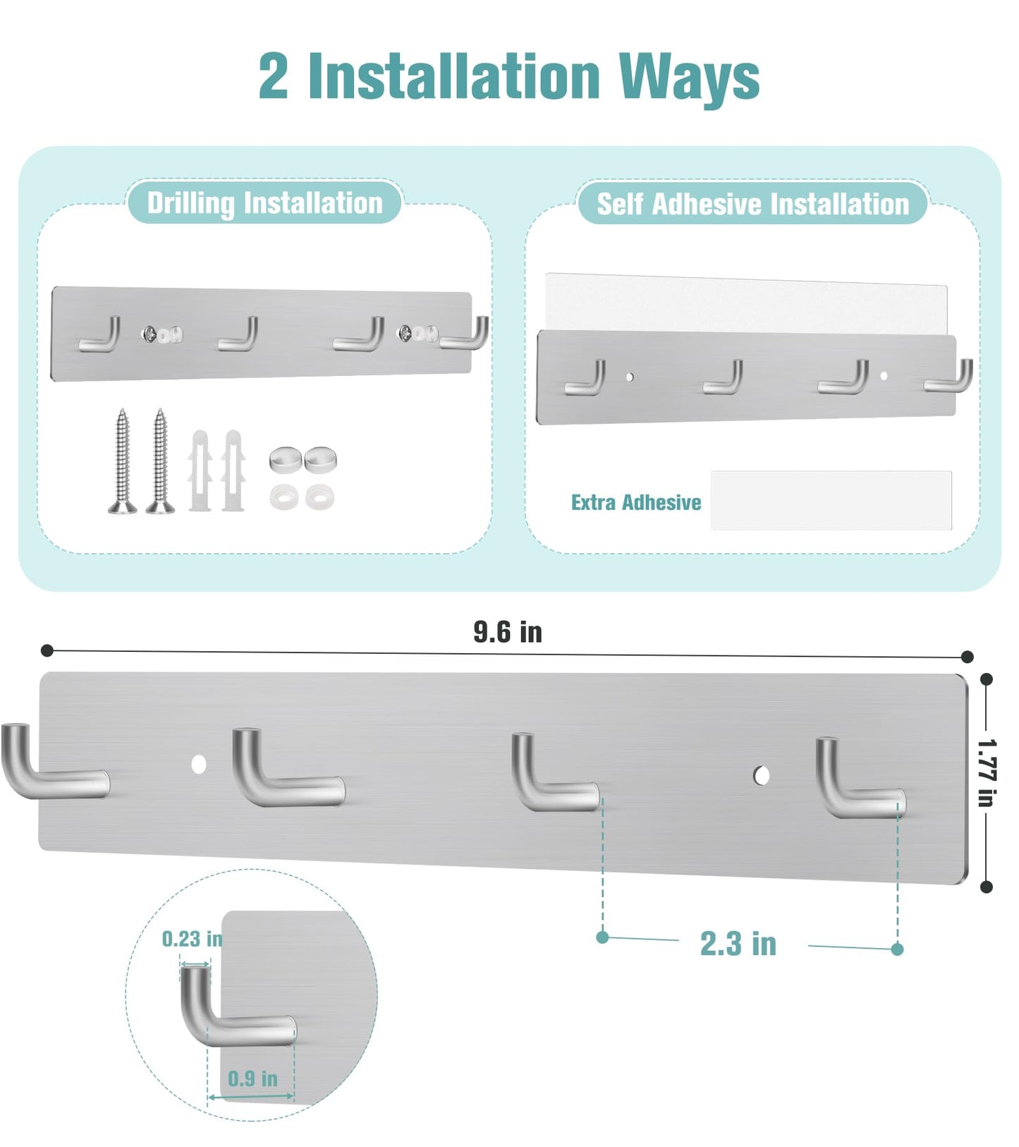 RELBRO Key Holder Wall Mount, Large Metal Self Adhesive Key Rack with 4 Hooks, 2 Installation Options, Silver
