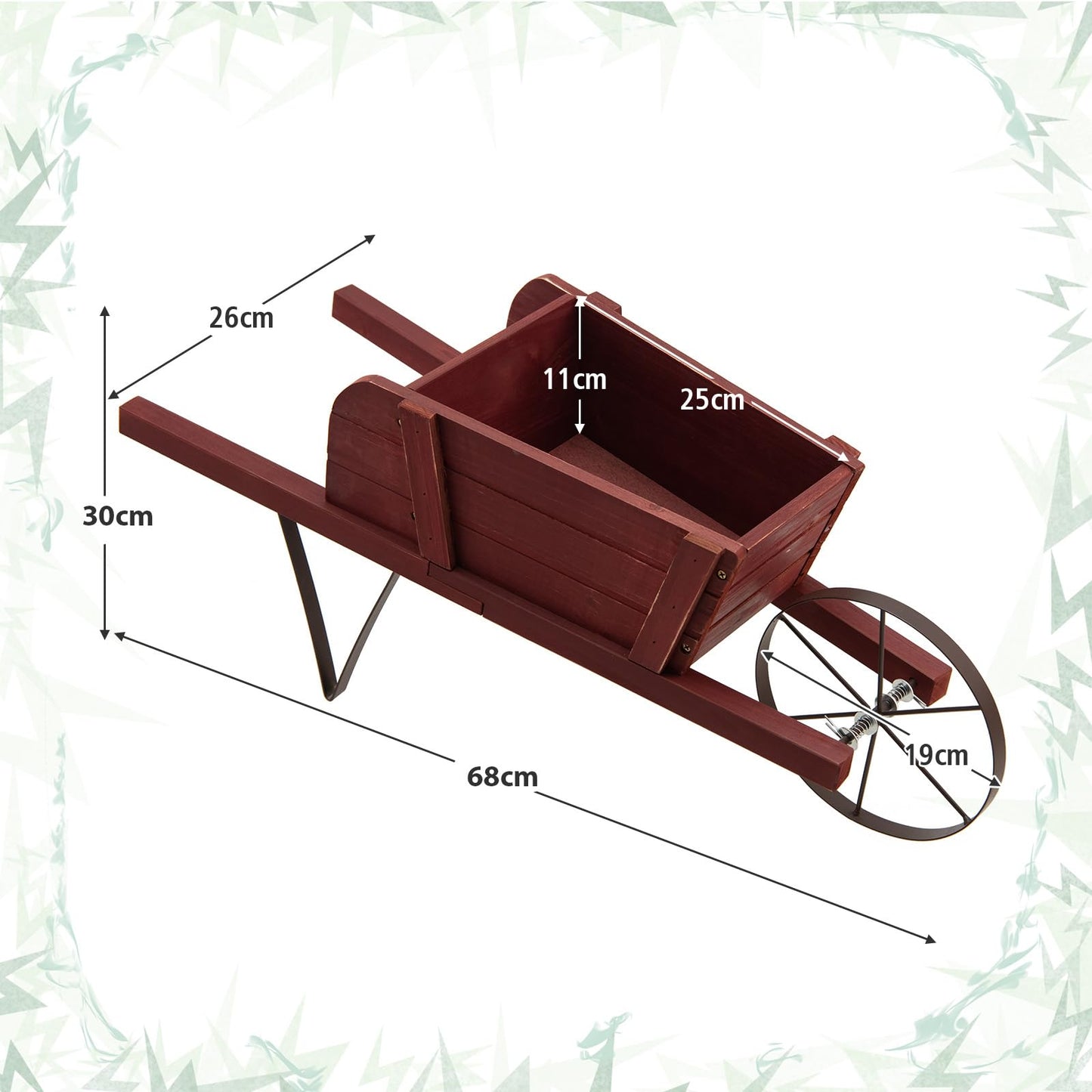 TANGZON Wheelbarrow Planter, Wooden Garden Wagon Planter Cart with 9 Magnetic Accessories, Wheel, 2 Handle, Outdoor Rustic Pine Wood Decorative Raised Plant Pot Stand for Patio Balcony (Reddish Brown)