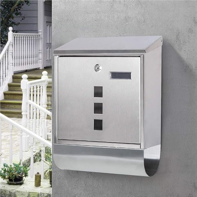 Jssmst Locking Wall Mount Mailbox, Stainless Steel Mailboxes with Secure Key Lock and Newspaper Compartment, HPB2203 Silver