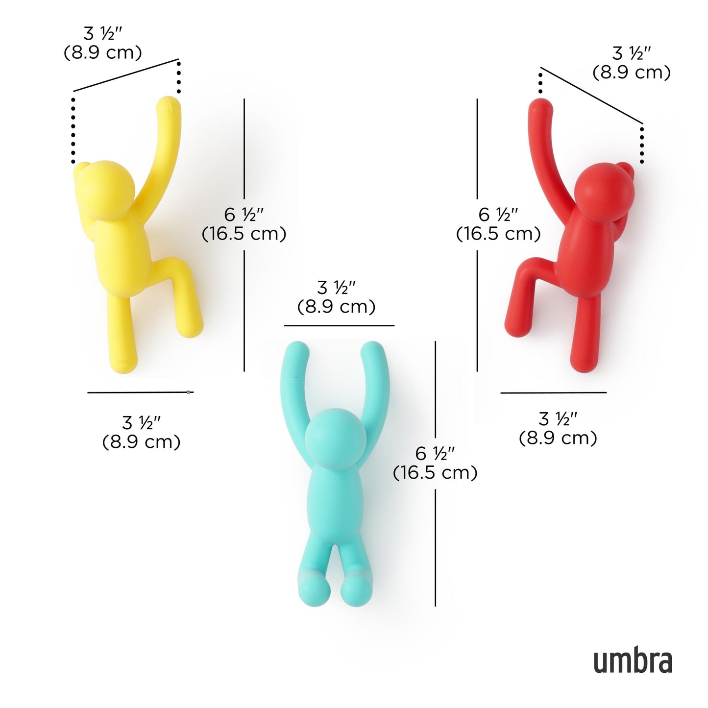 Umbra Buddy Wall Hooks – Decorative Wall Mounted Coat Hooks for Hanging Coats, Scarves, Bags, Purses, Backpacks, Towels and More, Set of 3, Red/Blue/Yellow