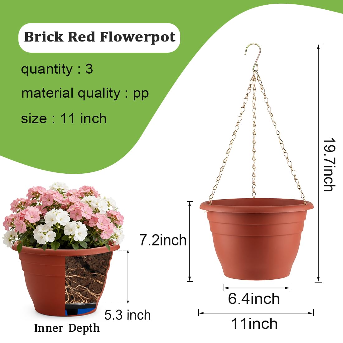 RooTrimmer Hanging Planters 11 Inch, 3 Pcs Flower Pots with Drainage Hole, Self Watering Hanging Basket for Indoor Outdoor Plants, Decor, Pottery Red