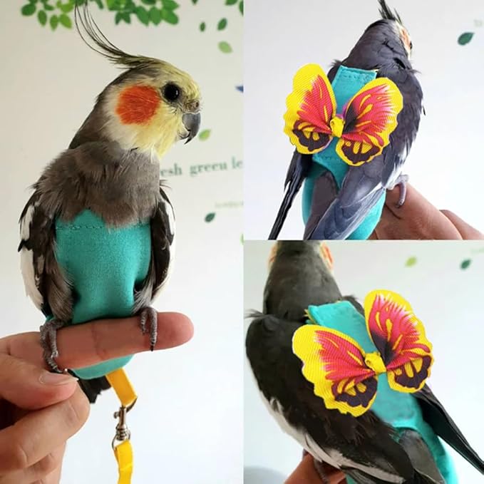 Pet Bird Diaper Harness Adjustable Parrot Harness and Leash Set Cockatiel Flight Suit with 60 Inch Leash Bow Tie Bird Flying Clothes for Conures Cockatoos Cockatiel Pigeon(Yellow, Large)
