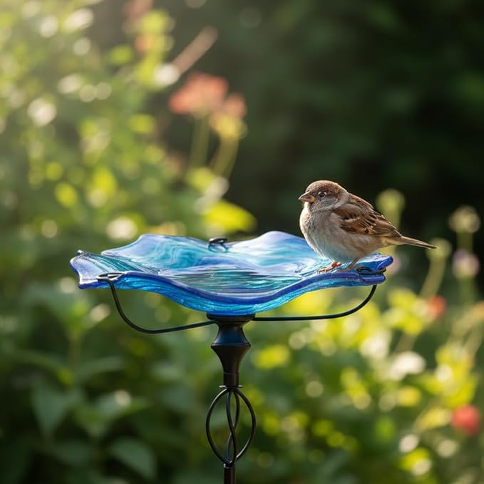 HONGLAND Bird Baths for Outside,11" Small Blue Glass Birdbaths Outdoor,Detachable Bird Feeder with Metal Stake for Garden Yard Patio Decor,32" Height