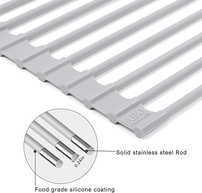 Roll Up Dish Drying Rack Over Sink, 17.5" x 13" Silicone Coated Stainless Steel Sink Drying Rack, Foldable Dish Drainer Rack for Kitchen Counter, Heat Resistant, Non-Slip, Space Saving, Gray