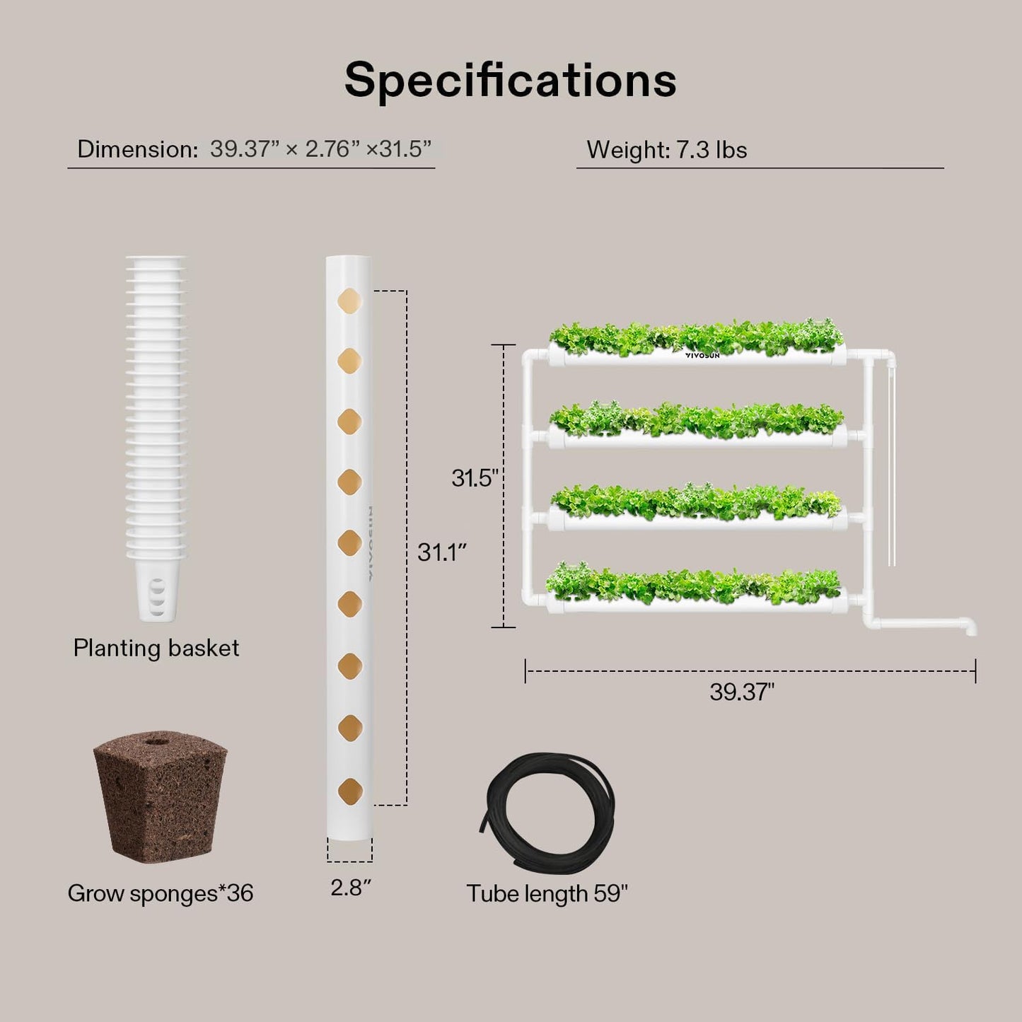 VIVOSUN Wall-Mounted Hydroponic Grow Kit, 1 Layers 36 Plant Sites 4 Food-Grade PVC-U Pipes Hydroponics Planting System with Water Pump, Pump Timer, Nest Basket and Sponge for Leafy Vegetables