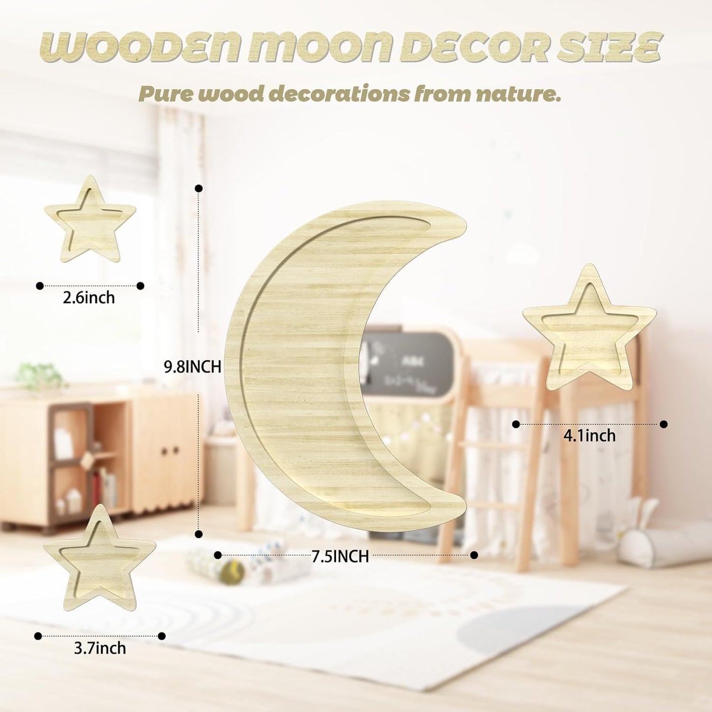 Boho Nursery Decor, 4 Pcs Wooden Moon Stars Baby Wall Decor Baby Room Decor for Nursery Bedroom