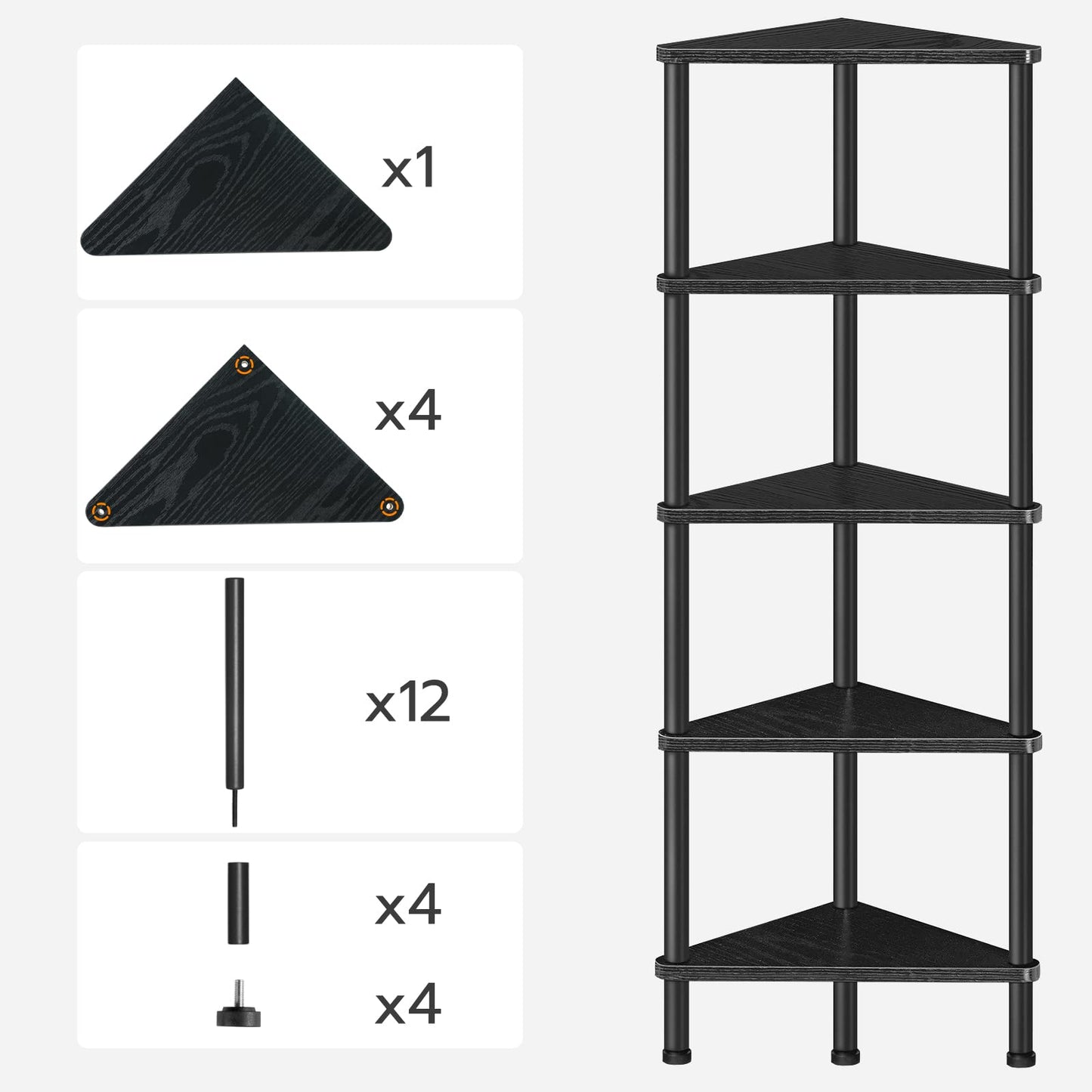 HOOBRO Corner Shelf Stand, Industrial 5-Tier Wall Corner Bookshelf with Metal Frame, Plant Display Shelf, Bookcase for Small Spaces, Bedroom, Living Room, Black BK33CJ01