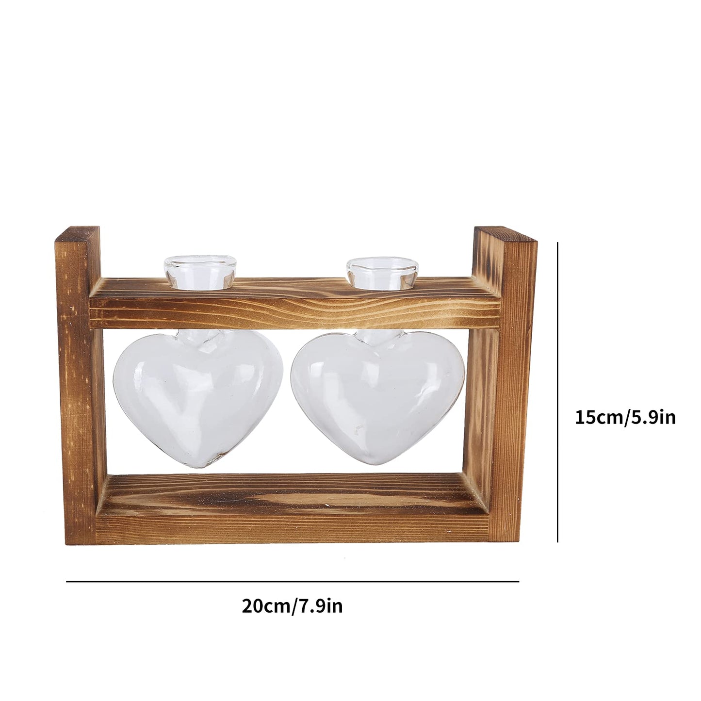 Heart Shaped Glass Hydroponic Vase with Retro Wooden Stand, Plant Propagation Stations with Wooden Stand, Desktop Plant Terrarium for Home Office Desk Decor (Retro Frame + 2 Heart Bottles)