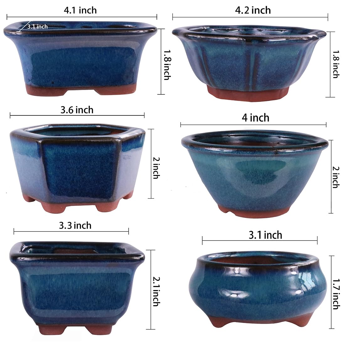 MUZHI 6PACK Glazed Bonsai Pot Planter 3" 4” Small Succulent Pots, Yixing Zisha Decorative Mame Bonsai Training Pot or Small Flower Cactus Starter Growing Planters Containers Blue
