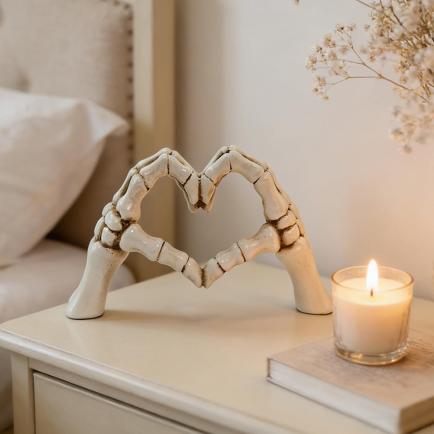 Skeleton Heart Hands Sculpture - 9.45" Gothic Home Decor, White Aesthetic Skeleton Hands Statue for Halloween, Dark Romance Heart Gesture Figurine for Shelf, Desk, Mantle, Macabre Wedding Decor
