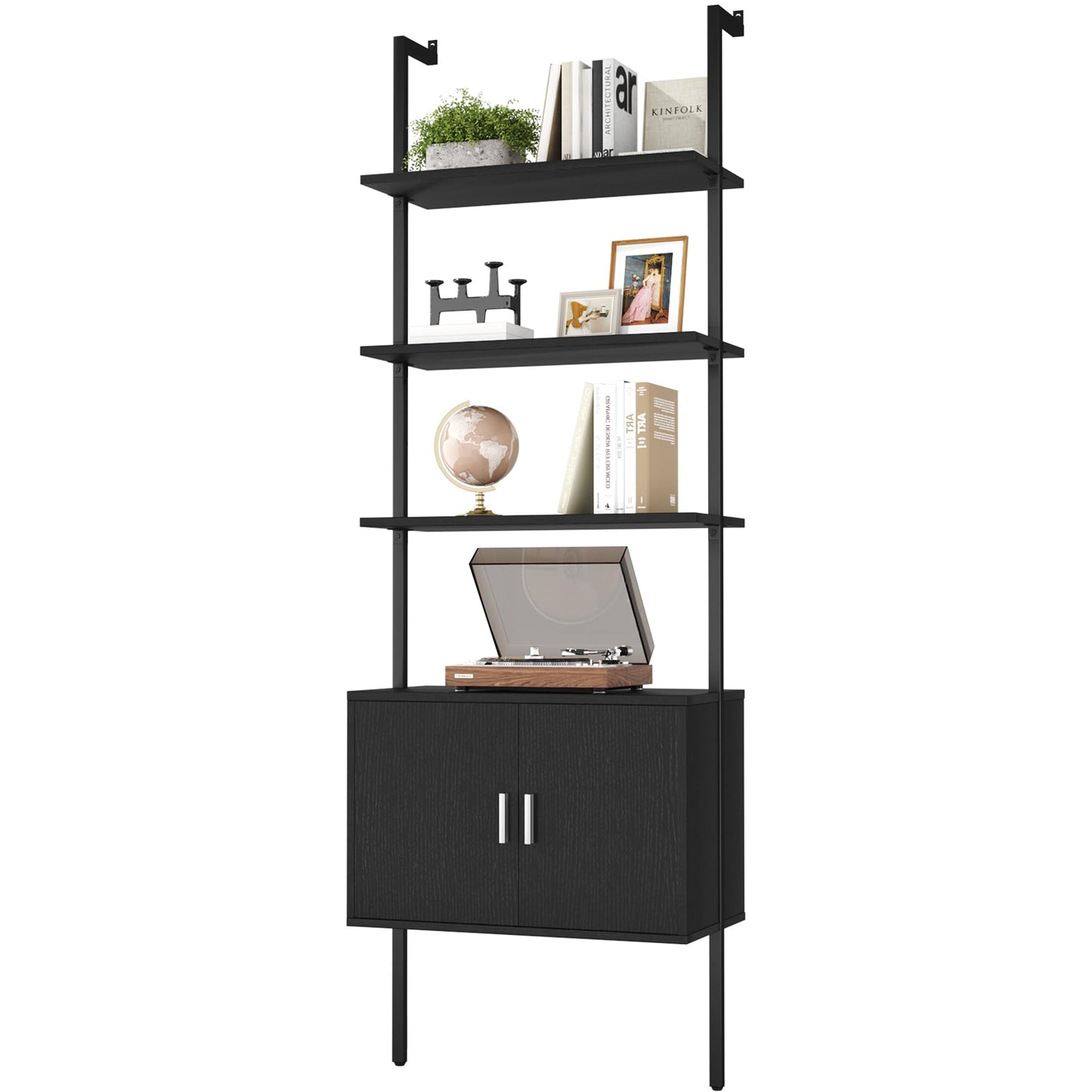 Yusong 73" Tall Bookshelf with Cabinet, Industrial Ladder Wall Mount Shelf Bookcase with Wood and Metal Frame, Plant Shelf Wall Storage Display for Living Room Bedroom, Black Wood Grain