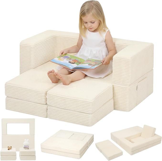 MeMoreCool Modular Kids Couch, Corduroy Play Toddler Couch