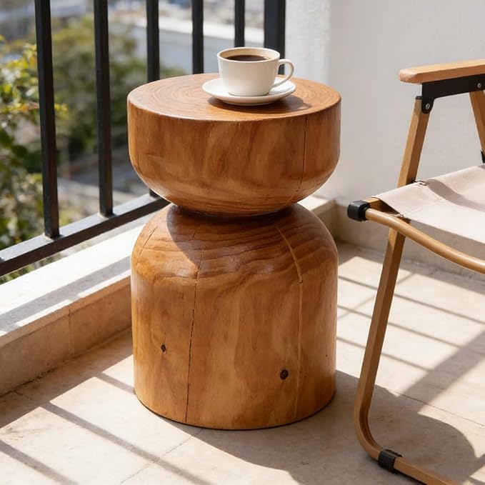 Solid Wood Stool & Sofa Side Table, Rustic Hourglass Wabi-Sabi Accent Coffee