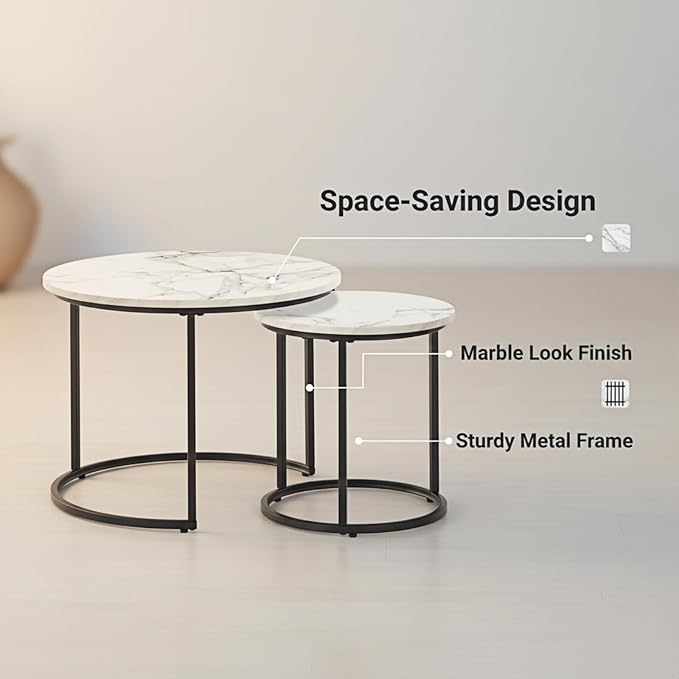 Round Nesting Coffee Table Set of 2, Modern Marble Pattern Wooden Nesting Tables