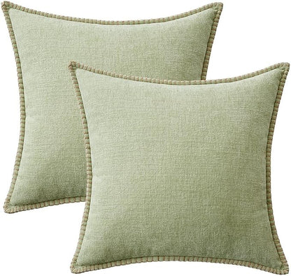 MIULEE Pack of 2 Summer Throw Pillow Covers 16x16 Inch Light Green Farmhouse Decorative Pillow Covers with Stitched Edge Soft Chenille Solid Dyed Pillow Covers for Couch Sofa Bed Living Room