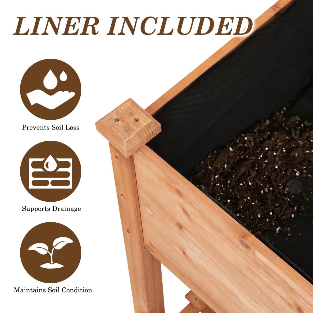 Nature Crafted Raised Garden Bed with Lockable Wheels, 32x16x32 inch Elevated Wood Planter with Storage Shelf Protective Liner for Vegetable Flower Herb Outdoor Balcony Patio Backyard, Brown