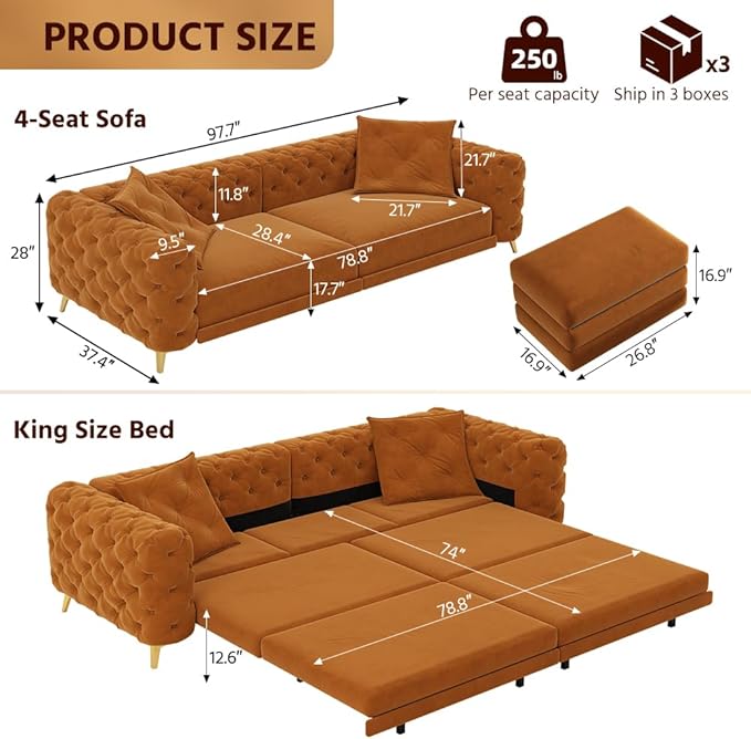 97.7" Convertible Queen Sleeper Sofa