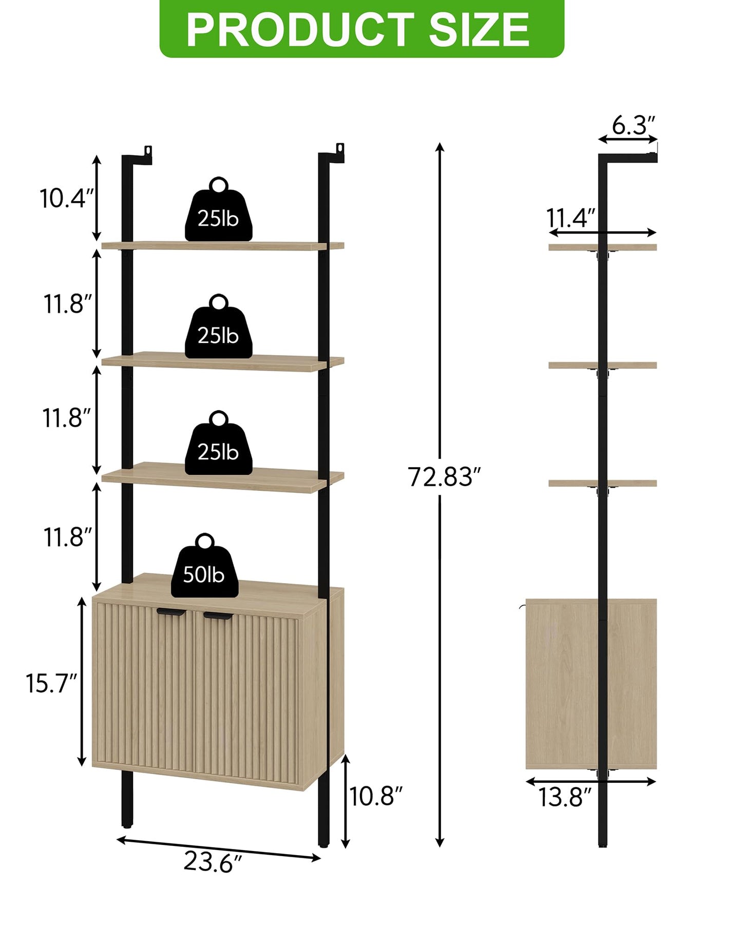 Yusong 73" Tall Bookshelf with Cabinet, Industrial Ladder Wall Mount Shelf Bookcase with Wood and Metal Frame, Plant Shelf Wall Storage Display for Living Room Bedroom, Wavy Light Ivory