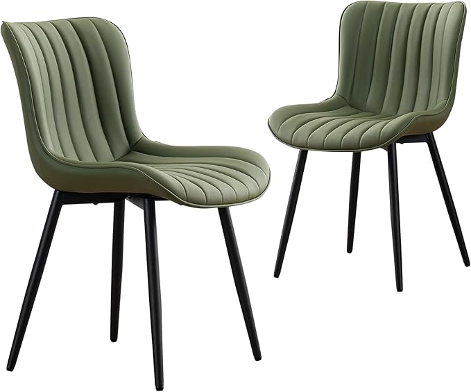 YOUNUOKE Mid-Century Modern Dining Chairs Set of 2, Olive Green Faux Leather