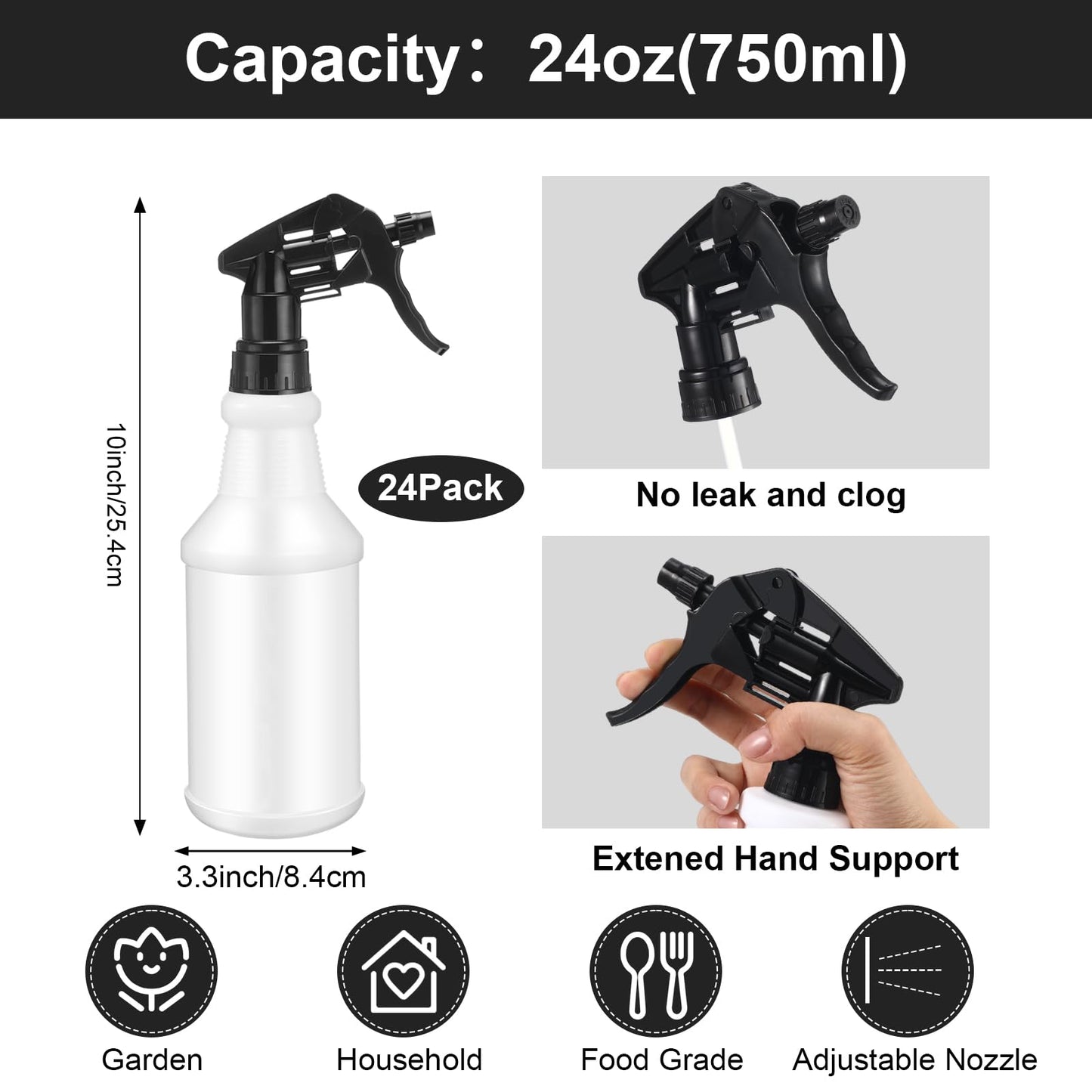 Gerrii 24 Pcs 24oz Plastic Spray Bottle Bulk, Empty Refillable Squirt Bottles for Cleaning Solution, Leak Proof Water Spray Bottle with Adjustable Nozzle and Sticker Commercial Supplies (Black)