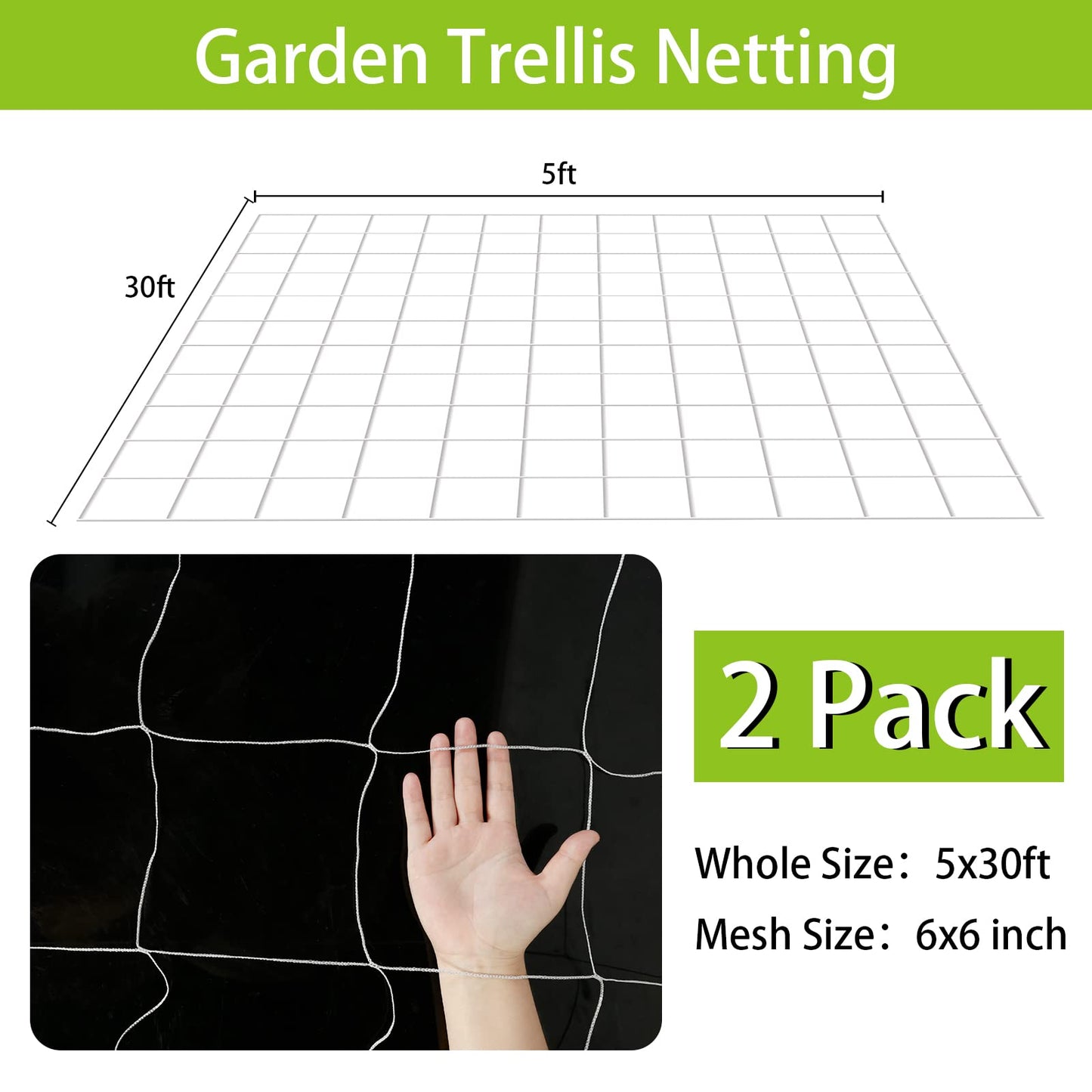Trellis Netting, 2 Pack 5x30 Ft Garden Trellis Netting, Heavy Duty Square Mesh Outdoor Grow Vining Net for Climbing Plants, Tomatoes Peas Cucumber and Flower Plant with 50pcs Garden Ties