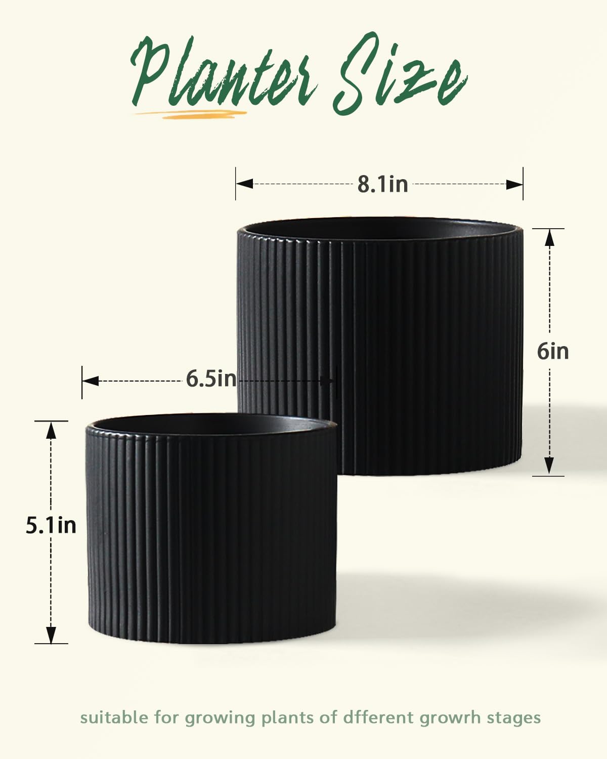 Swkien Matte Black Ceramic Plant Pots, 8.1 + 6 Inch Planters for Indoor Plants, Modern Flower Pots with Drainage, Two-Sizes Set