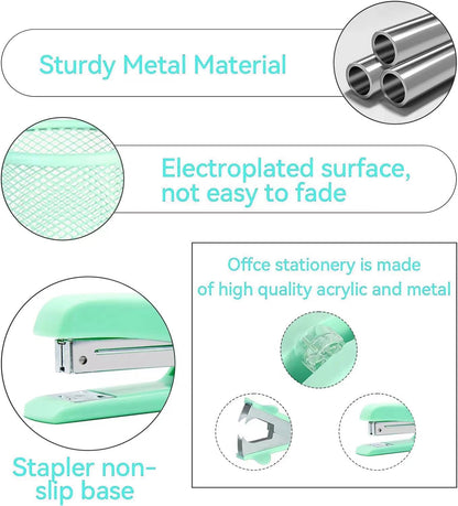 Green Desk Accessories, Pink Office Supplies Set with Stapler, Tape Dispenser, Staple Remover, Pen Holder, Scissor, Binder/Paper Clips, Ballpoint Pen, Clear Tape and 1000pcs Staples