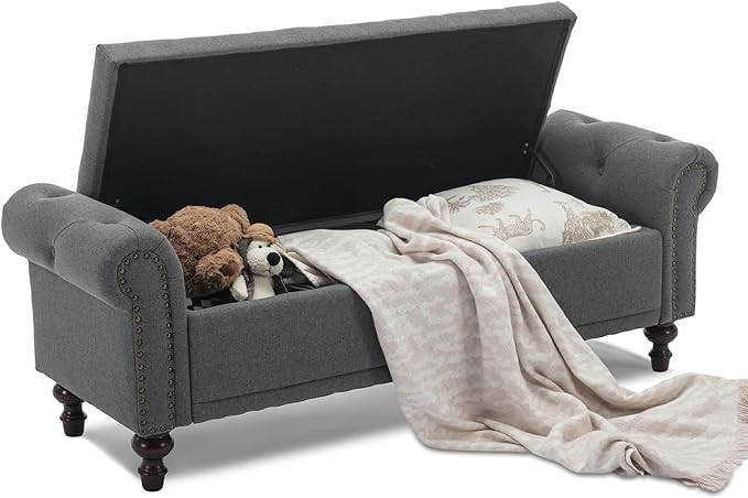 SOFTHION 58.1" Storage Bench Upholstered Linen End of Bedroom Bed Bench Ottoman