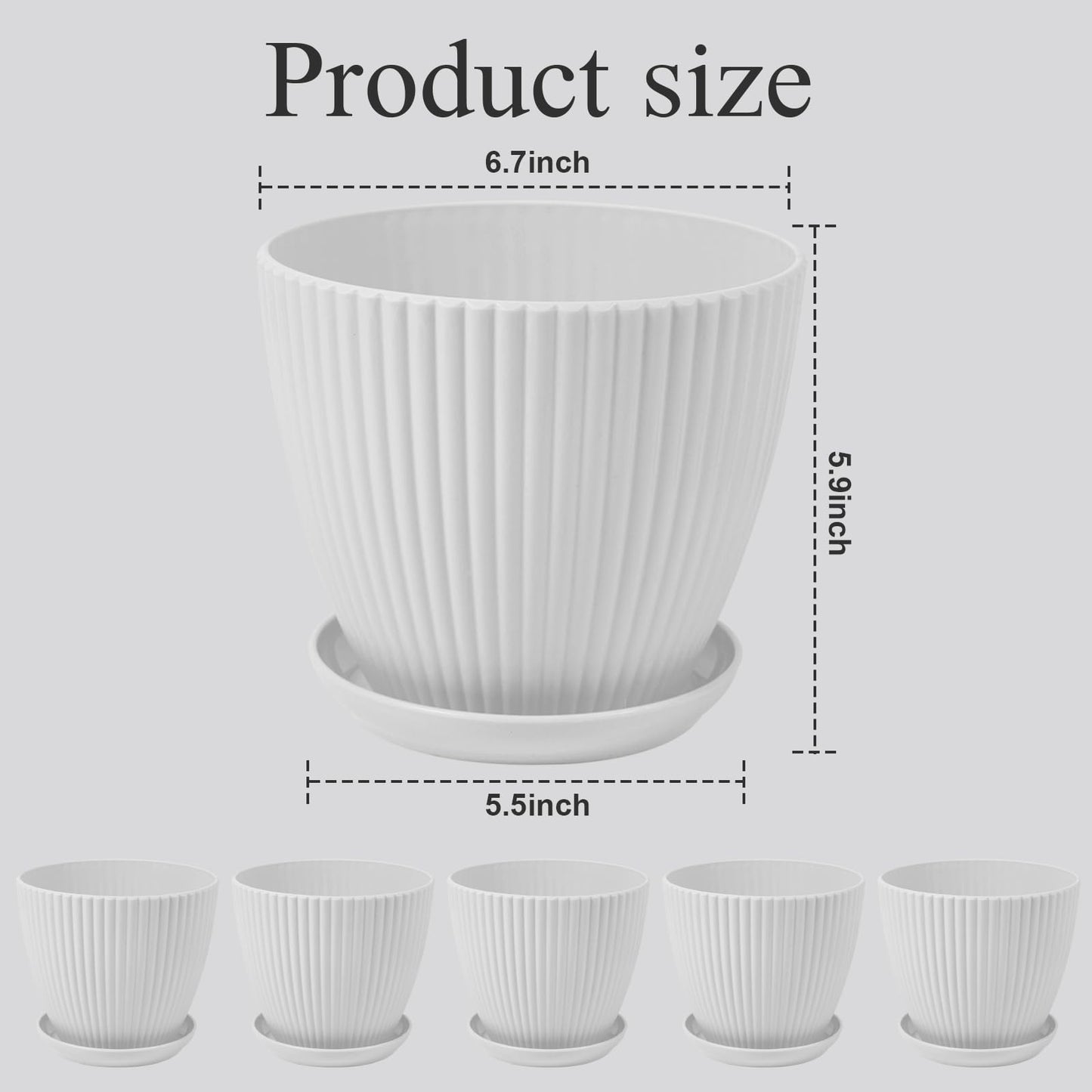 MUXINCAMP 7 Inch Large Plant Pots, 6 Pack Flower Pots with Drainage Hole and Tray Saucer Plastic Plant Pot for Outdoor Indoor House Plants and Flowers Herbs (White)