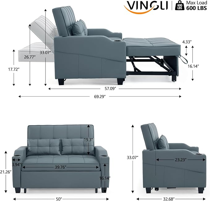 VINGLI Blue Grey Futon Sofa Bed Convertible Loveseat Sleeper Couch, Faux