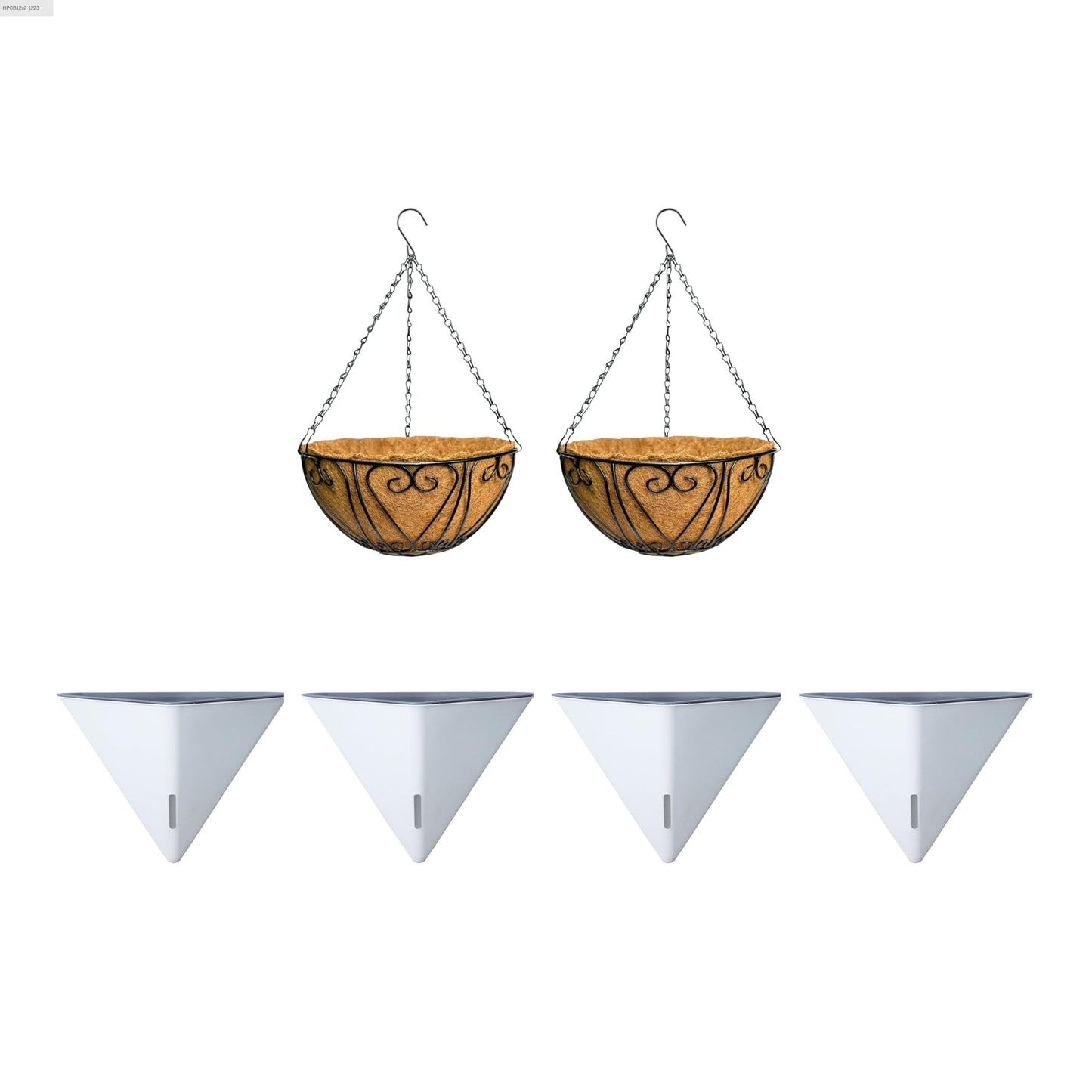 LaLaGreen Bundle- 4 Pack, 12 Inch White Geometric Self Watering Pot + 2 Pack,12 Inch Metal Wire Hanging Basket with Coco Liner Flower Plant Holder Hanger Balcony Patio Deck Modern Stylish Garden Decor