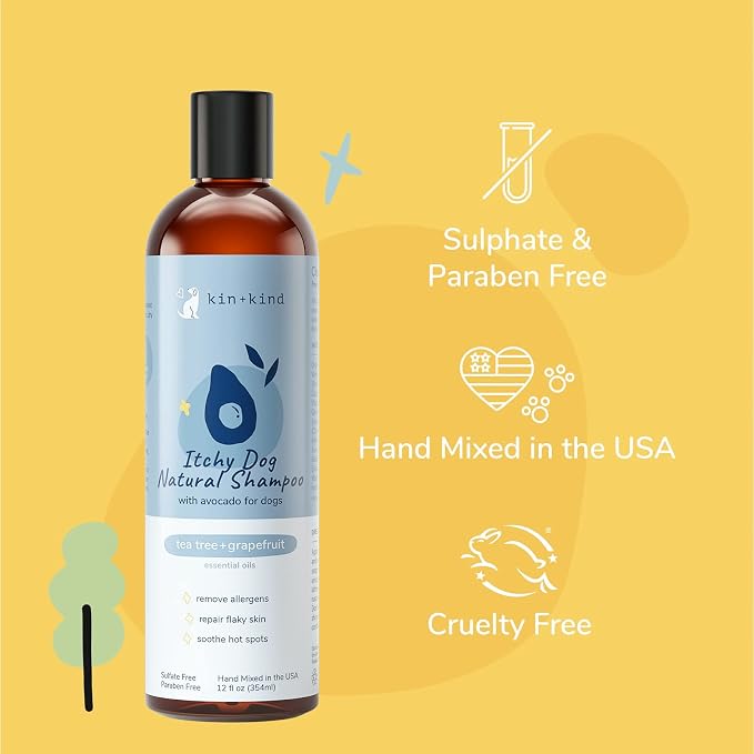kin+kind Itchy Dog Natural Dog Shampoo - Gentle Clean for Itchy Skin - Avocado Oil - Tea Tree & Grapefruit Fragrance - 12 fl oz