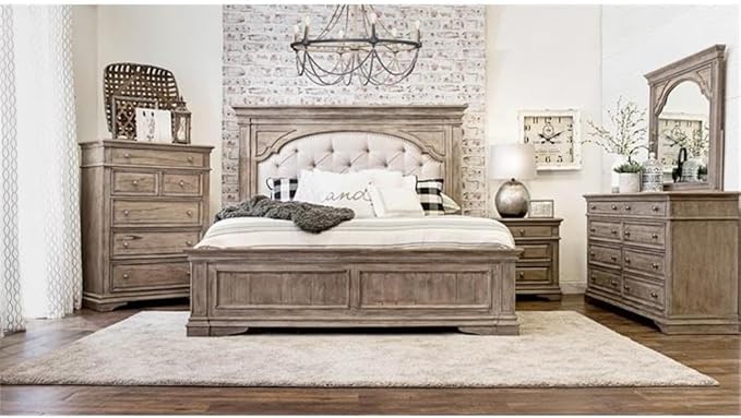 Pemberly Row King Panel Bed, Driftwood Gray Wood Frame, Upholstered Button