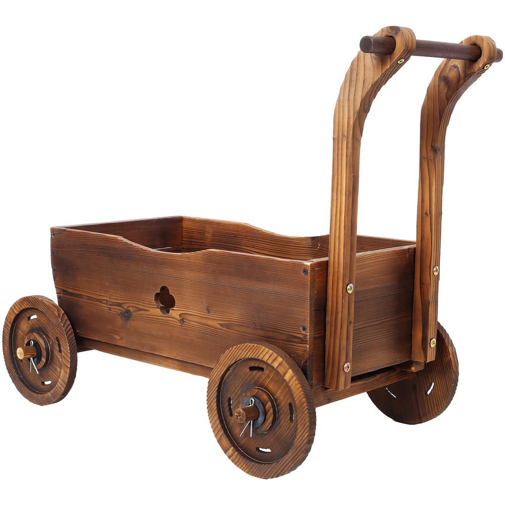 CWKISS Wooden Wagon Planter with Wheels, Rustic Fir Wood Flower Cart for Garden, Patio, Balcony & Indoor Decor, Drainage Holes, Easy Assembly, Brown