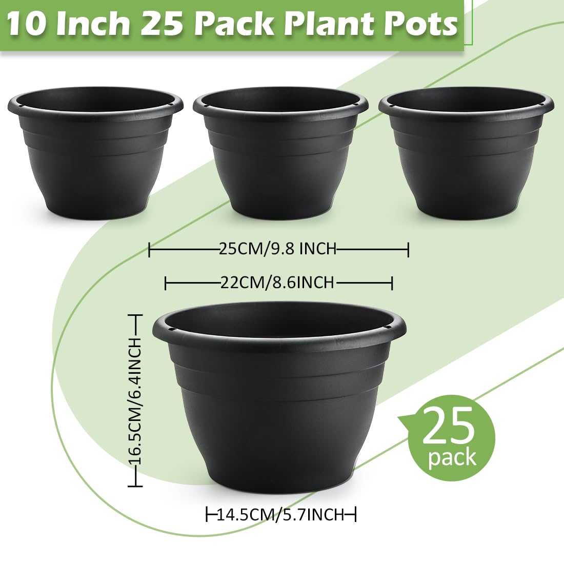 RooTrimmer 25 Pack 10 Inch Plant Pots with Drainage Holes,Black Plastic Flower Pots for Indoor & Outdoor Plants,Durable Lightweight Planters for Flowers,Herbs & Gardening