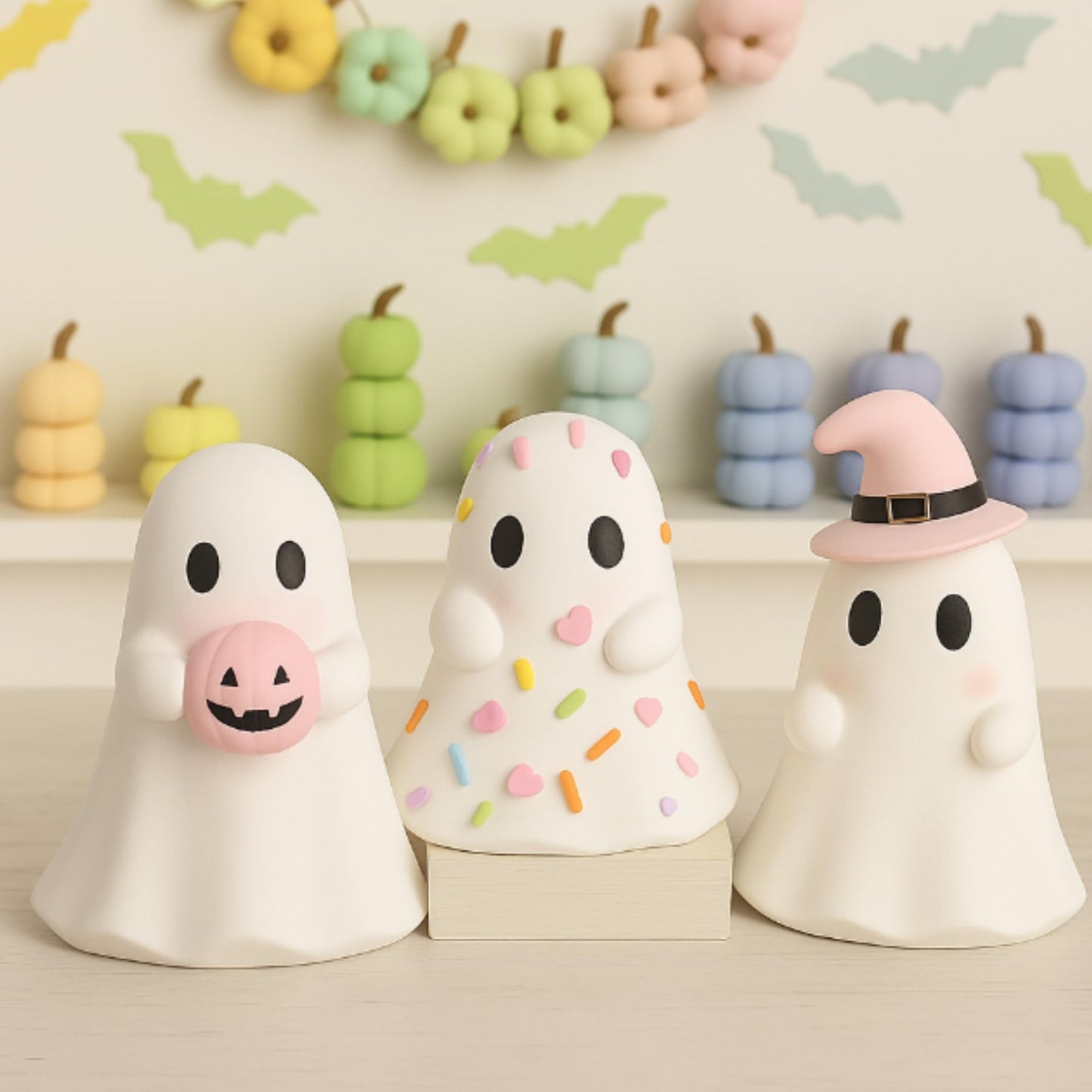 Yousoontic 3 Pcs Pastel Halloween Ghost Figurines Pink White Cute Ghost Summer Halloween Table Decor Tiered Tray Decorations Pastel Resin Statue Centerpieces for Home Mantel Tabletop Desk Party Office